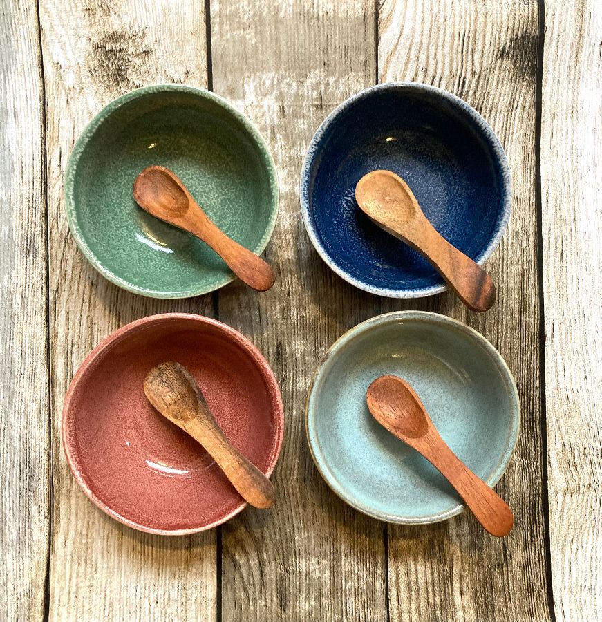 Handmade stoneware bowl and wooden spoon 